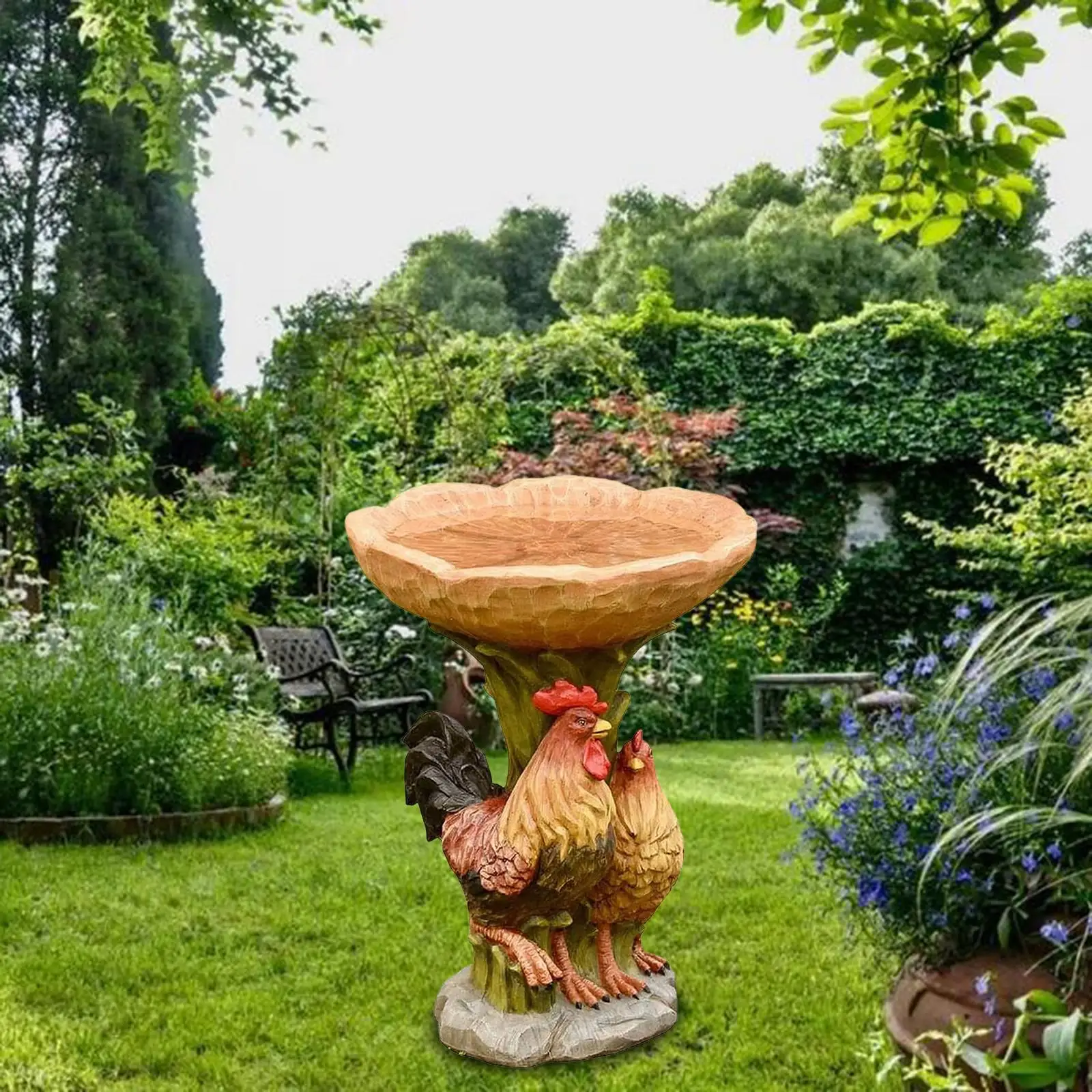 Garden Bird Bath Bowl Rooster Statue Figurine Decorative Gift Resin Feeder