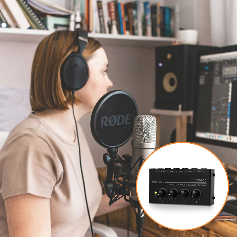 4 Channel Line Mixer Depusheng DX400 Mini Sound Mixer Power Supply DC5V Easy Operation audio mixer