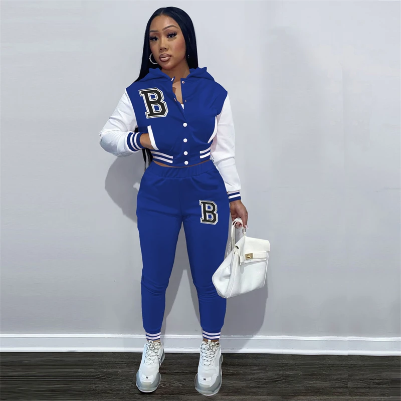 Hooded Fleece Two Piece Set Women Baseball Jogging Suits Buttons Long Sleeve Varsity Jacket Crop Top Sweat Pants Tracksuits women casual buttons black blazer spring female long sleeve slim fashion blazers femme gray ol office coat dropshipping clothes