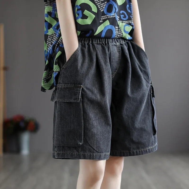 2024 Spring Summer Oversized Women's Korean Elastic High Waisted Patchwork Pocket Loose Distressed Casual Wide-leg Denim Shorts