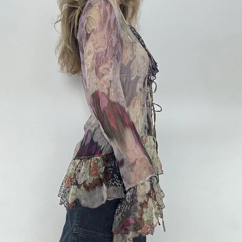 Blusa de manga larga acampanada con volantes y estampado floral para mujer, estilo grunge de los años 2000, ropa urbana Y2K