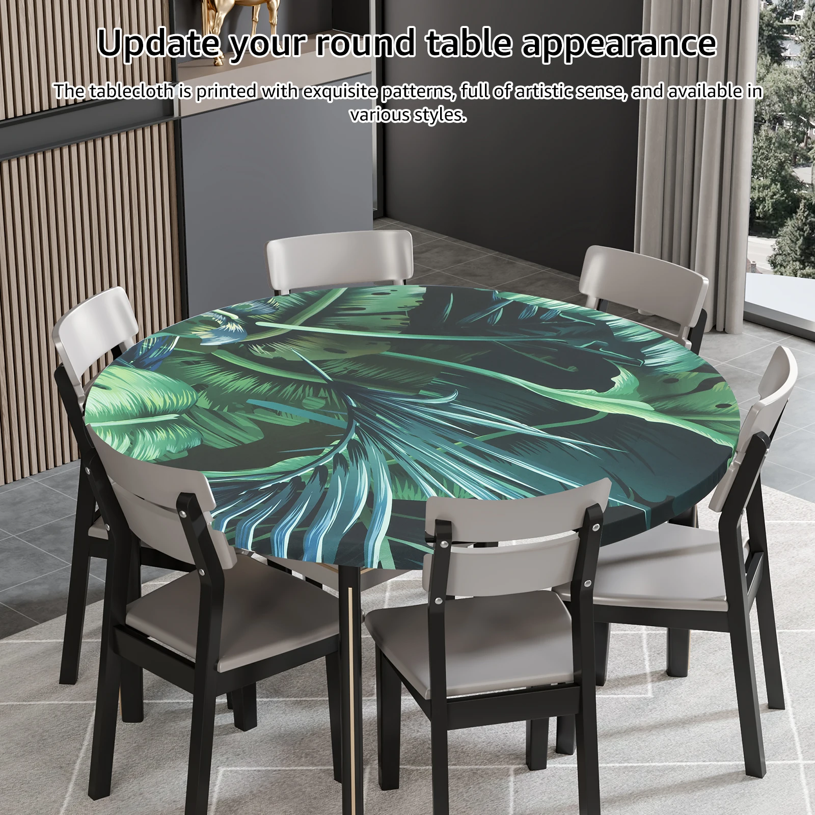 Elastic Round Tablecloth Polyester Waterproof Tablecloth Cover with Pattern Decorative Desktop Protective Cover for Dining Table