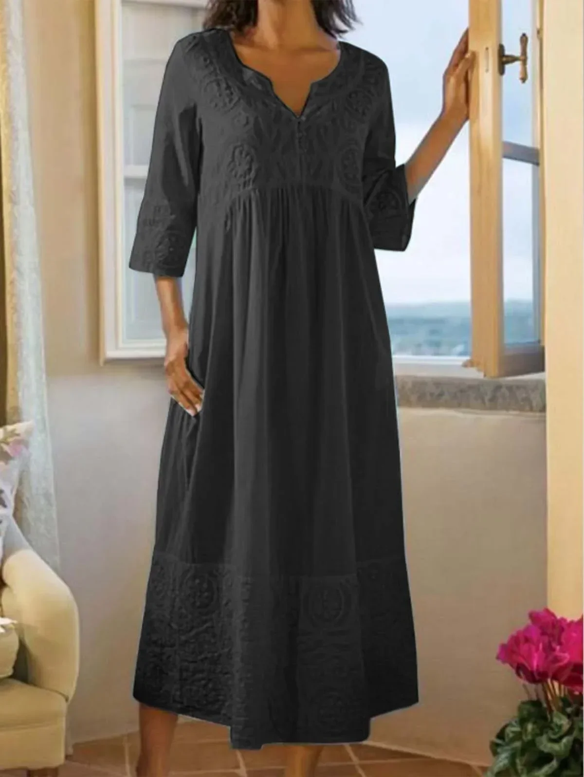 thumbnail image 1 of Vestido recto de talla grande para mujer, de media manga, plisado, informal, con escote en V, estilo bohemio, de lino, para playa, para verano, 2024, 1 of 4