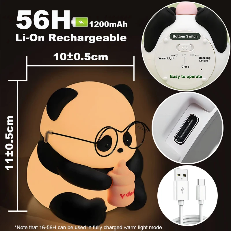 HUAHUA  Panda Light Silicone Lamp Beside Lamp Baby Night Light Cartoon Toy Children Bedroom Sleep Light LED Touch Gifts 5