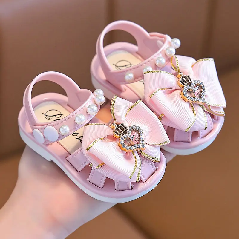 New Summer Aged 0-3 Cute Bow Rhinestone Baby Shoes For Girls Non-Slip Soft-Soled Children Toddler Kids Sandals With Covered Toes
