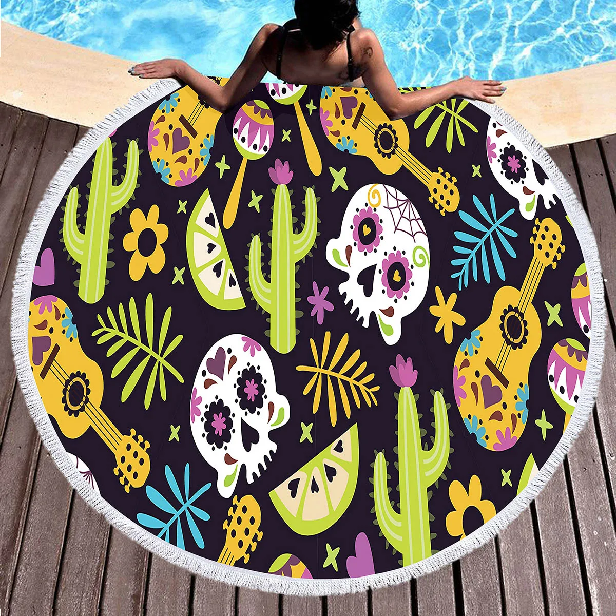 Bright Trend Colors Skulls Round Beach Towel Superfine Polyester Beach