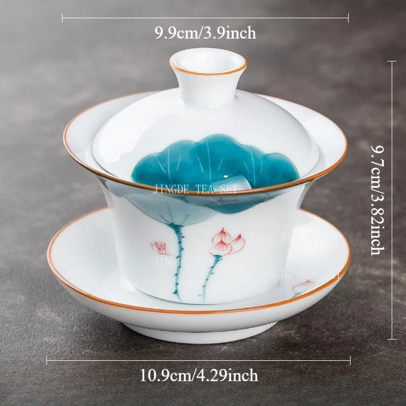 150ml Ceramic Hand-painted Tea Cup Non Hot White Porcelain Sancai Tea Bowl Underglaze Color Covered Bowl Drinking Utensils