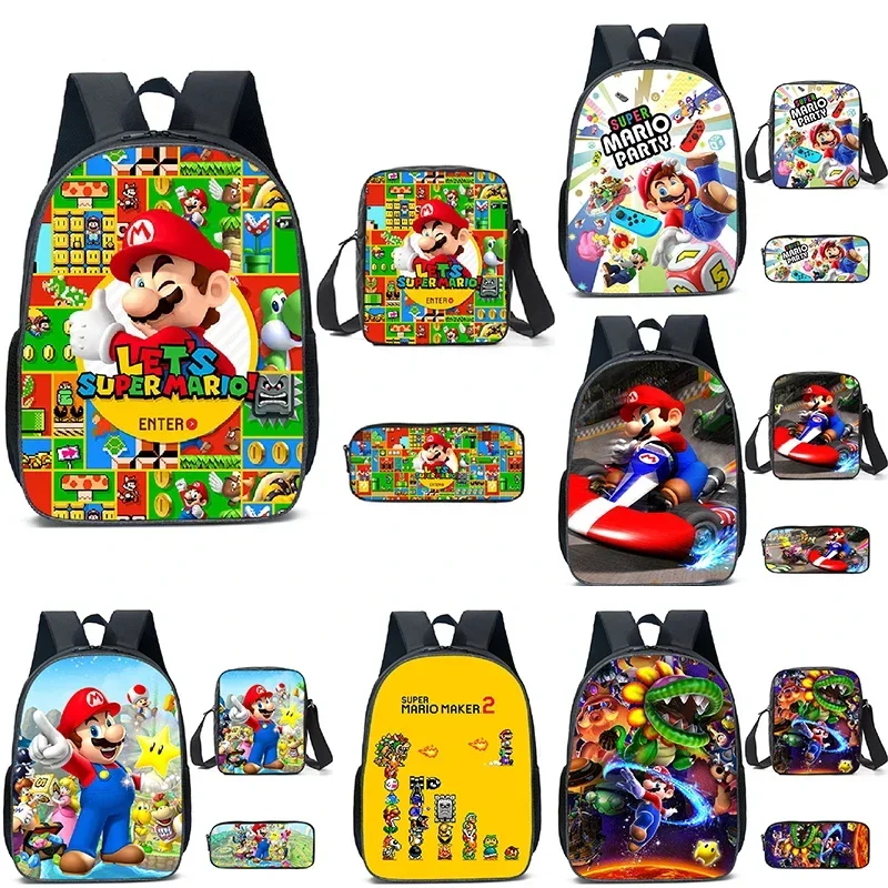 

Super Mario Bros Boys Girls Cartoon Bags Pencil Case Messenger Bag Children 3PCS Student School Bags Orthopedic Backpack