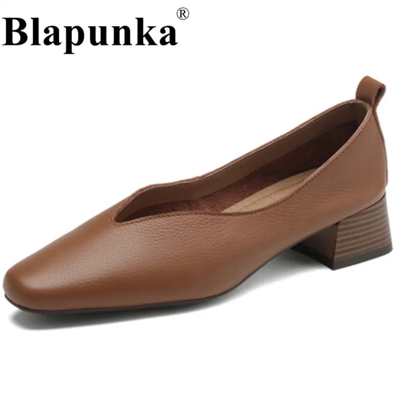 

Женские туфли-лодочки из натуральной кожи Blapunka, бежевые туфли на среднем блочном каблуке, без застежки, офисные мягкие туфли, размеры до 42-го