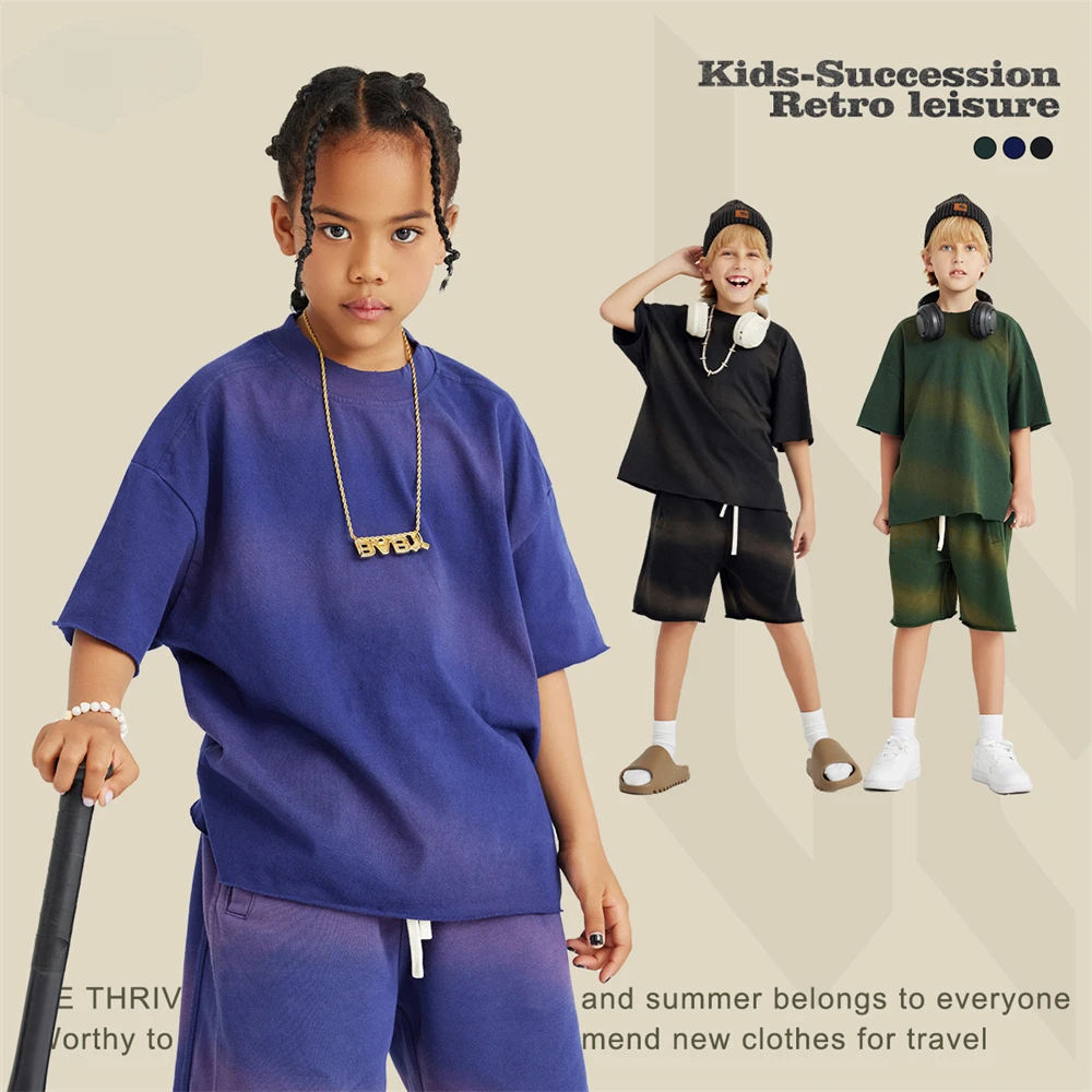 

Kids American Retro Monkey Washed Cotton T Shirt Children Hip Hop 285gsm Gradient Tees For Boys And Girls