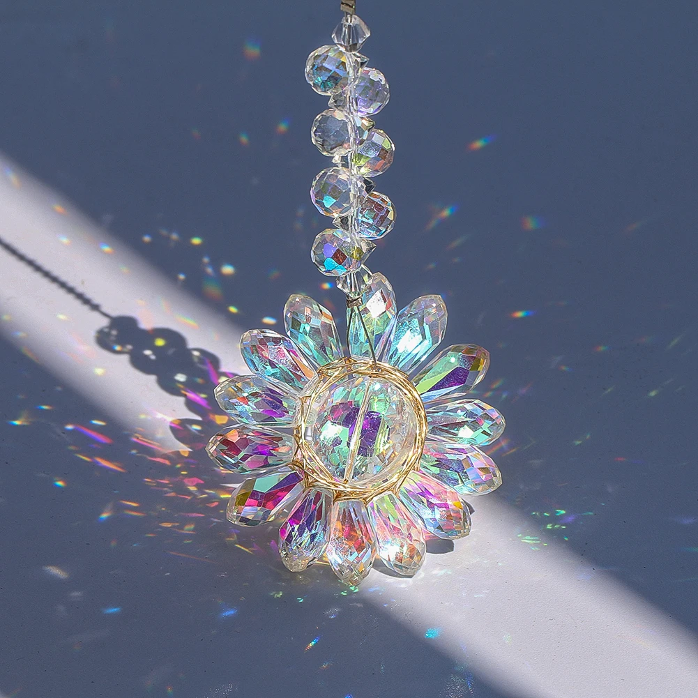 Crystal Daisy Suncatcher Sunflower Shinning Garland Prism Hanging Rainbow Maker Sun Catcher Window Garden Xmas Decor Car Pendant