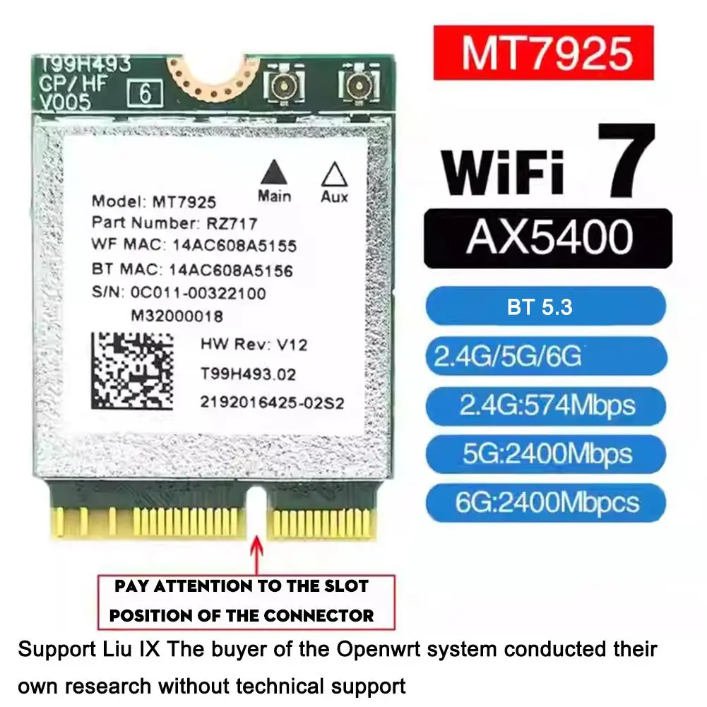 무선 랜 카드 네트워크 카드 와이파이 어댑터, 윈도우 10/11 리눅스 M3K3 용, 2400Mbps M.2 키 E 2.4G 5G 와이파이 어댑터, 와이파이 7 MT7925