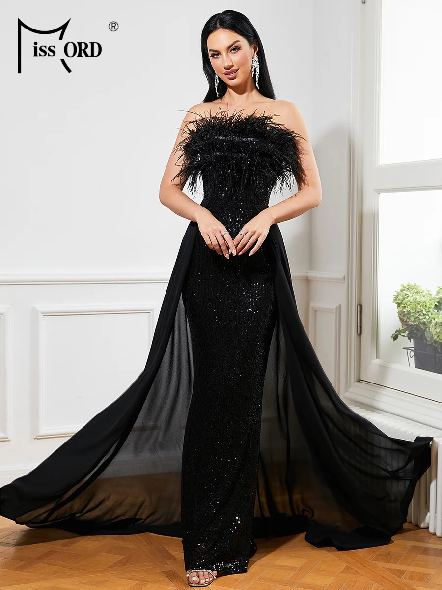 Missord 2023 Black Elegant Formal Dress Women Strapless Feather Sequins  Draped Maxi Evening Party Prom Dresses Ladies Lo Black Black XL XL