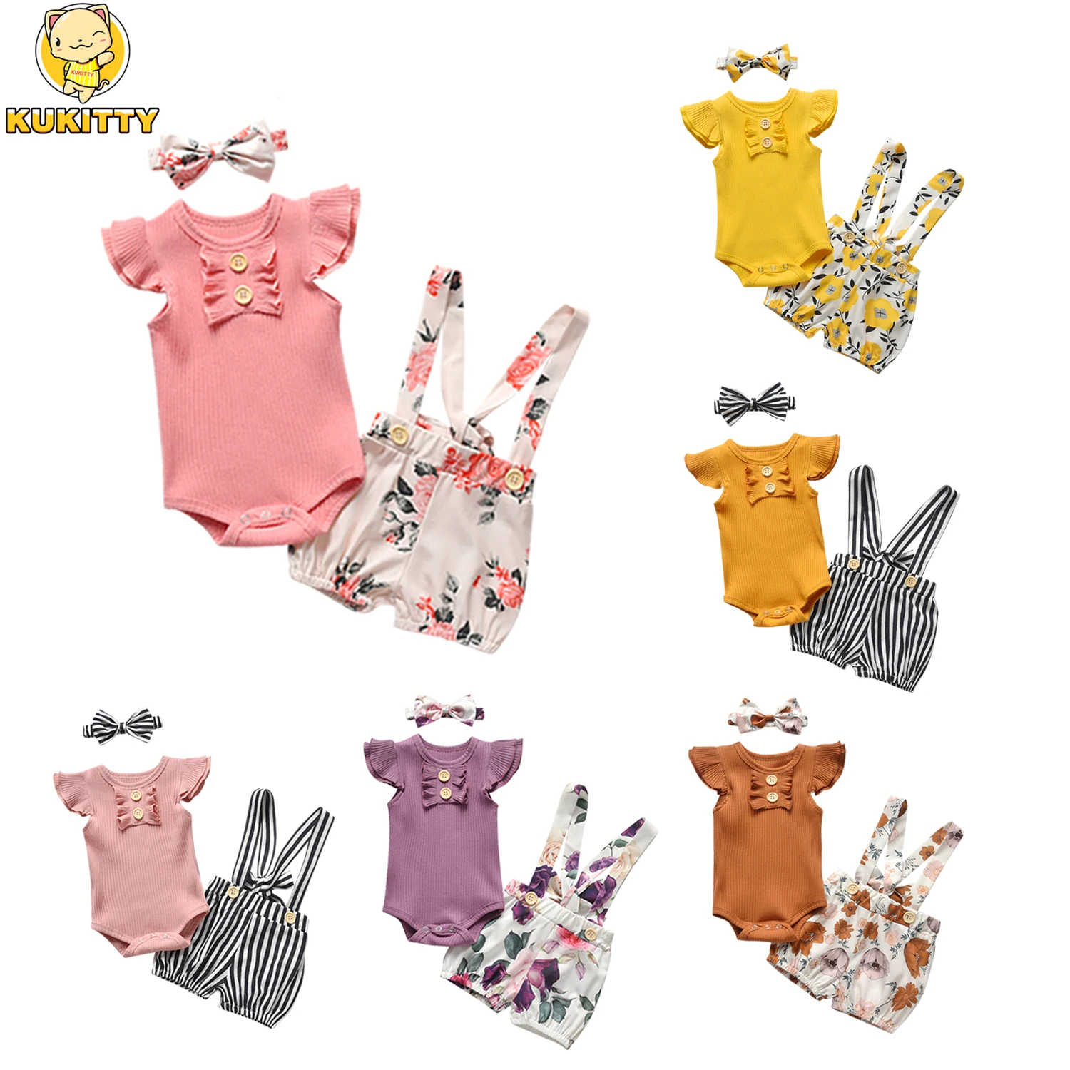 Summer Newborn Maternity Outfit Baby Girls Clothing Sets Short Sleeve Bodysuits For Infants+Floral Overall Shorts+Headband Suit baby dress set for girl