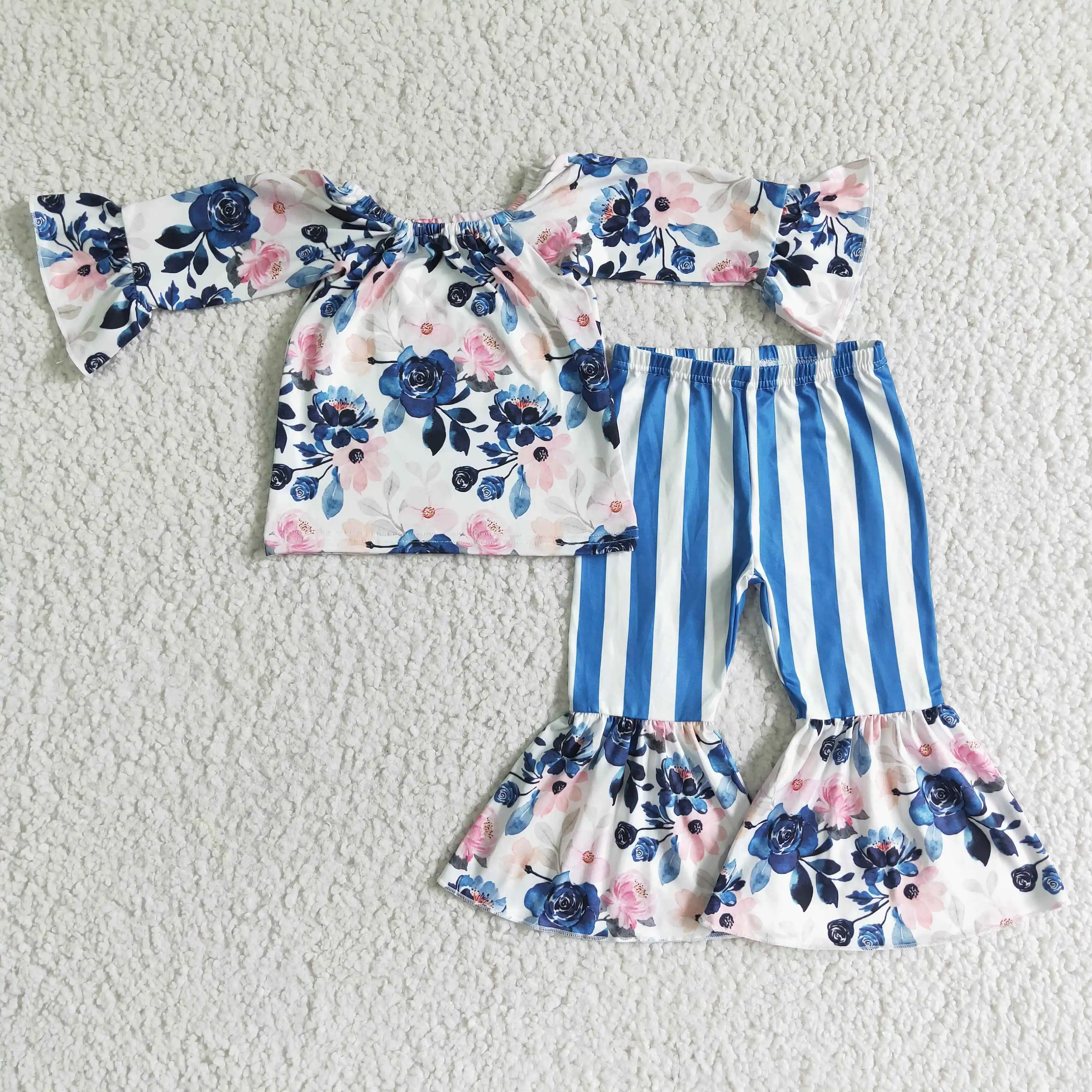 

Wholesale Toddlers Baby Girls Outfit Kids Clothing Milk Silk Blue Floral Clothes Striped Pants Outfits Childrens Boutiques Sets