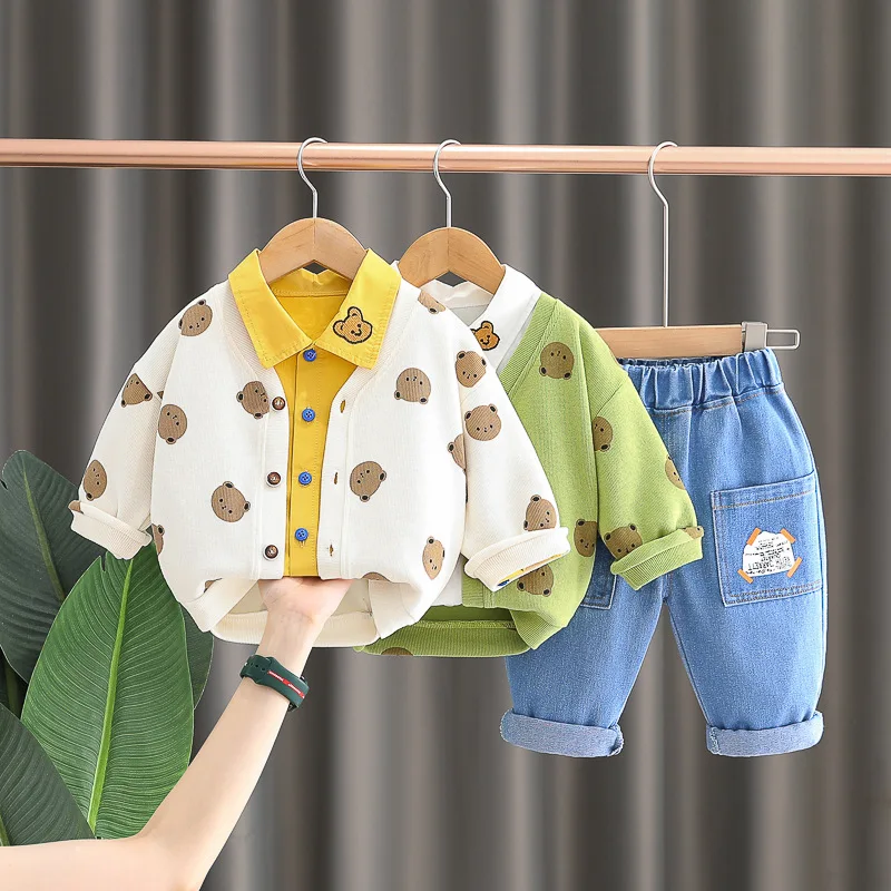 

Children 0~5 Years Old Suit Boys Girls Toddlers Korean Style Casual Western Style Cardigan Coat Shirt Jeans Three-Piece Set