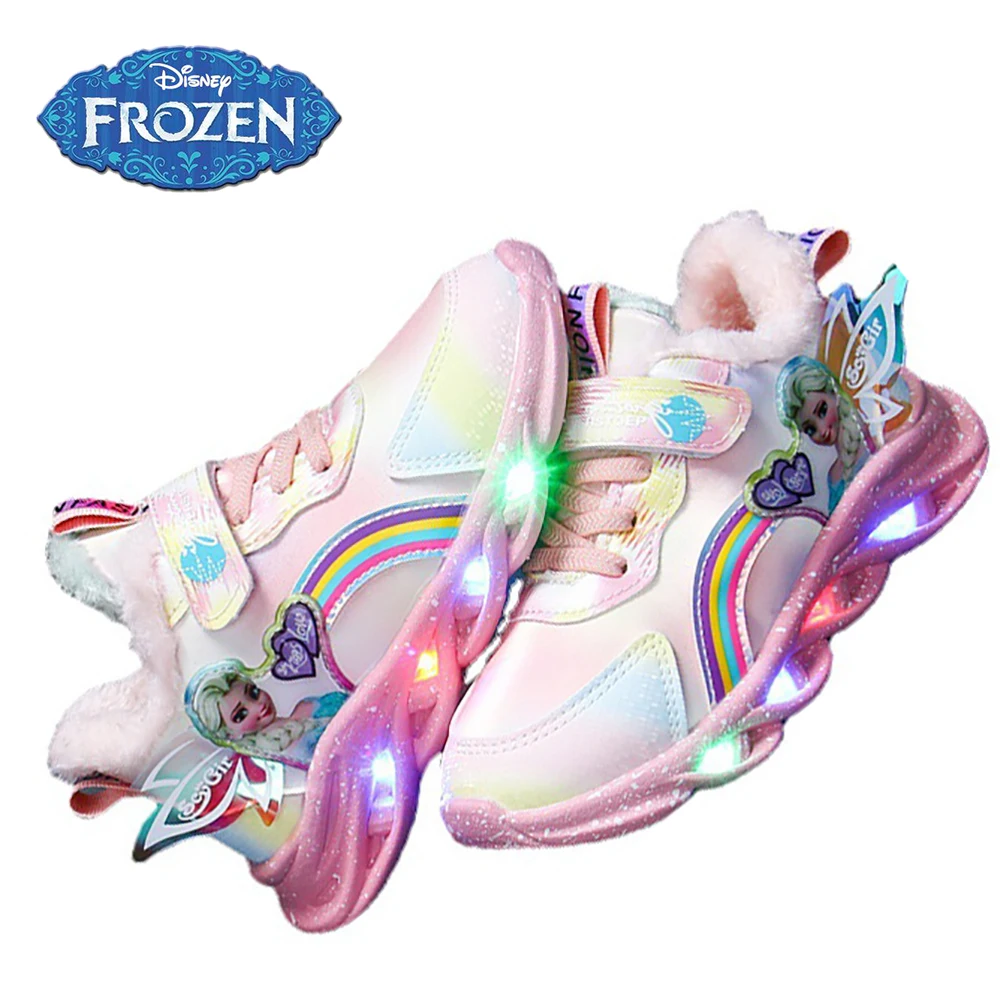 Disney New LED Casual Sneakers For Girls Frozen Elsa Princess Outdoor Shoes Children