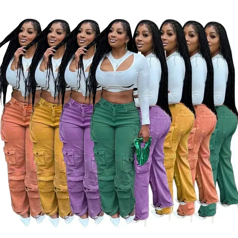 

Fashion Solid Cargo Style Jeans Pants Women Multi Pockets Button Fly High Waist Casual Loose Denim Trousers Streetwear Bottoms