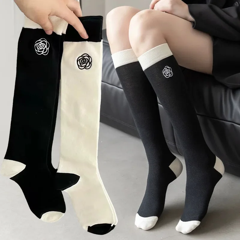 Japanische Kamelie Rose lange Socken Frauen Mädchen süße Lolita Blume Baumwolle Knies trümpfe Studenten ins Rock passende Waden socken