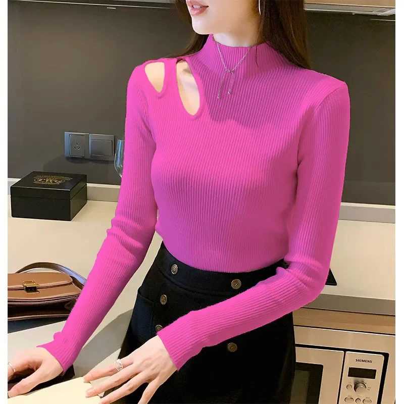 

2023 Autumn Sexy Hollow Knitted Bottoming Shirt Fashion Half Turtle Neck Slim Long Sleeve Top Solid Color Casual Sweater Women