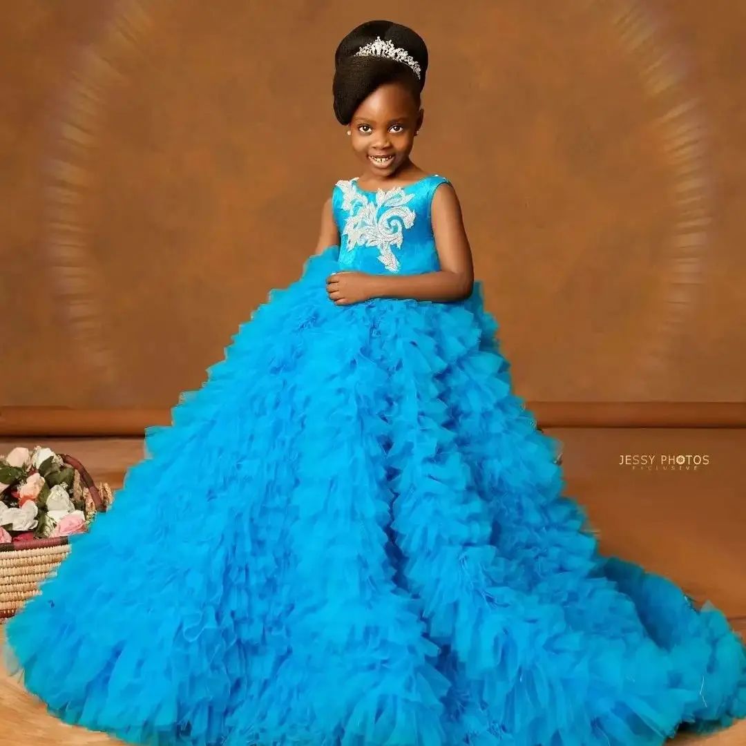 

Blue Girl Pageant Dress Puffy Flower Girls Dresses for Wedding Appliqued Kids Ruffles Party Birthday Gowns for Photoshoot