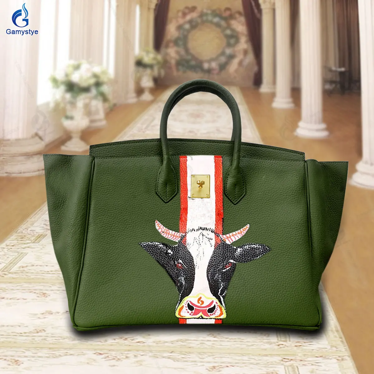 

100% High-End Hand-Painted Cool Cow Head Handmade Togo Genuine Leather Women'S Handbag Shoulder Cross Body Bag Messenger Totes