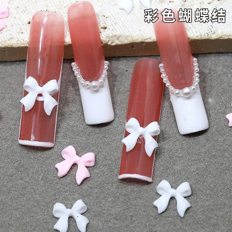 30 Teile/schachtel 3D Weiß & Rosa Bögen Nail art Charms 6gird Nette Bowknots Band Nagel Strass Harz Bowtie Maniküre Dekoration # R5! – Detail 3