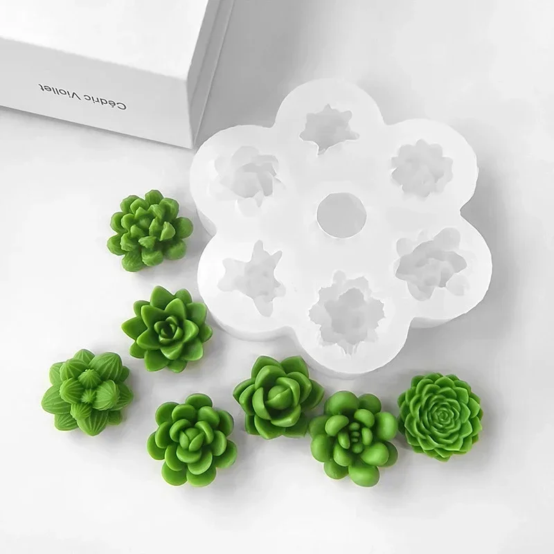 7pcs Succulent Flowers Candle 3D Cactus Lotus Rose Soap Plaster Crafts Chocolate Fudge Pastry Cake Silicone Mold