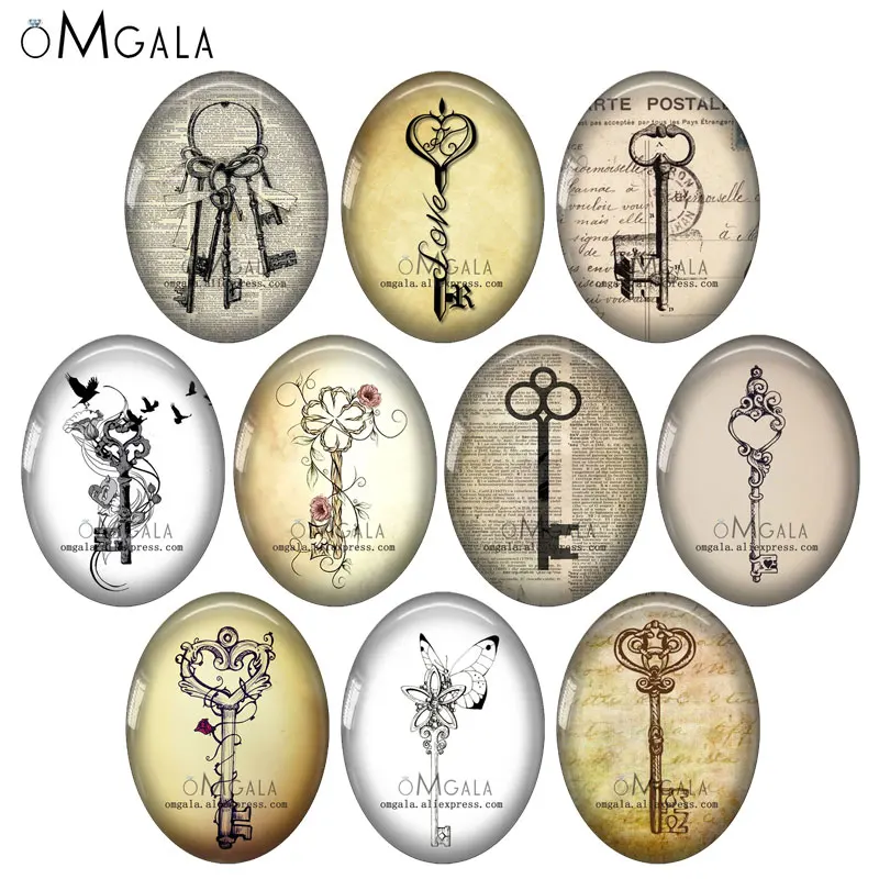 

Retro Vintage Key Art Patterns 10pcs 13x18mm/18x25mm/30x40mm Oval photo glass cabochon demo flat back Making findings