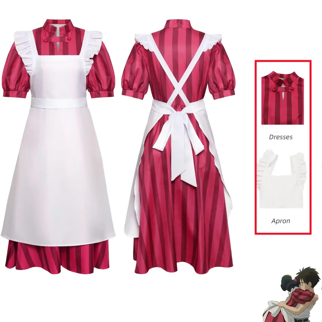 

Halloween Party Carnival Cosplay Costume Teenage Maid Striped Dress Anime Role Play Girl The Boy and the Heron Apron Set dress