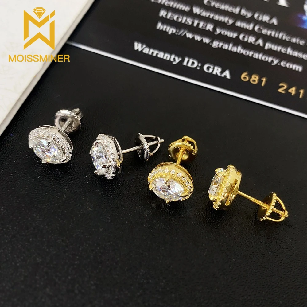 Moissminer 6.5mm 메인 Moissanite 귀걸이 여성용 Pass Diamonds Tester S 귀 스터드 GRA가있는 힙합 쥬얼리