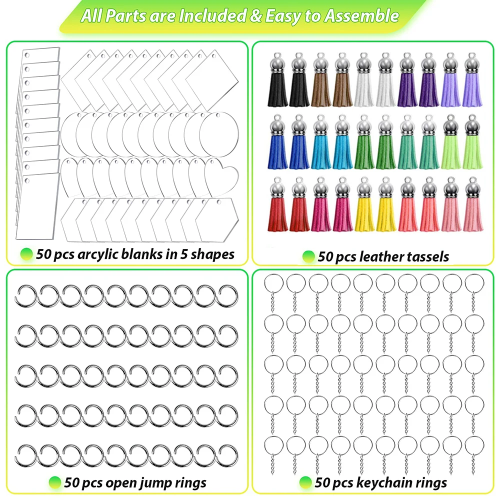 200pcs DIY Acrylic Keychain Set Transparent Acrylic Keychain Blanks Pendants Tassel Keychain Personalized DIY Crafts Projects