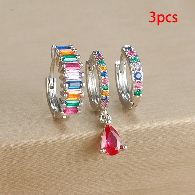 3PCS Colorful Cubic Zirconia Stainless Steel Hoop Earrings Set for Women Pendant Water Drop Earring Cartilage Piercing Jewelry 3