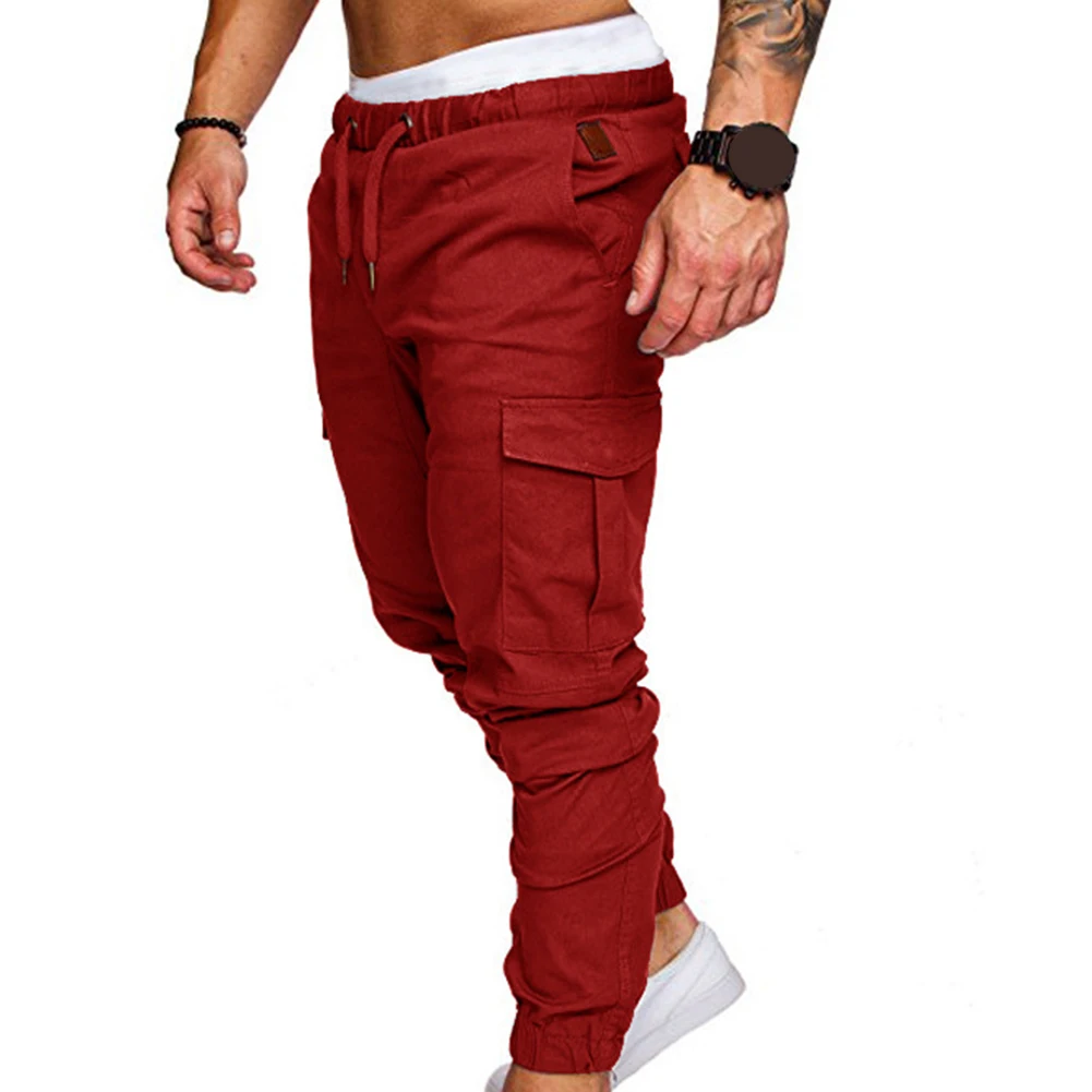 Casual Pants Men Casual Pants Plus Size Solid Color Multi Pocket Drawstring Ankle Tie Cargo Pants