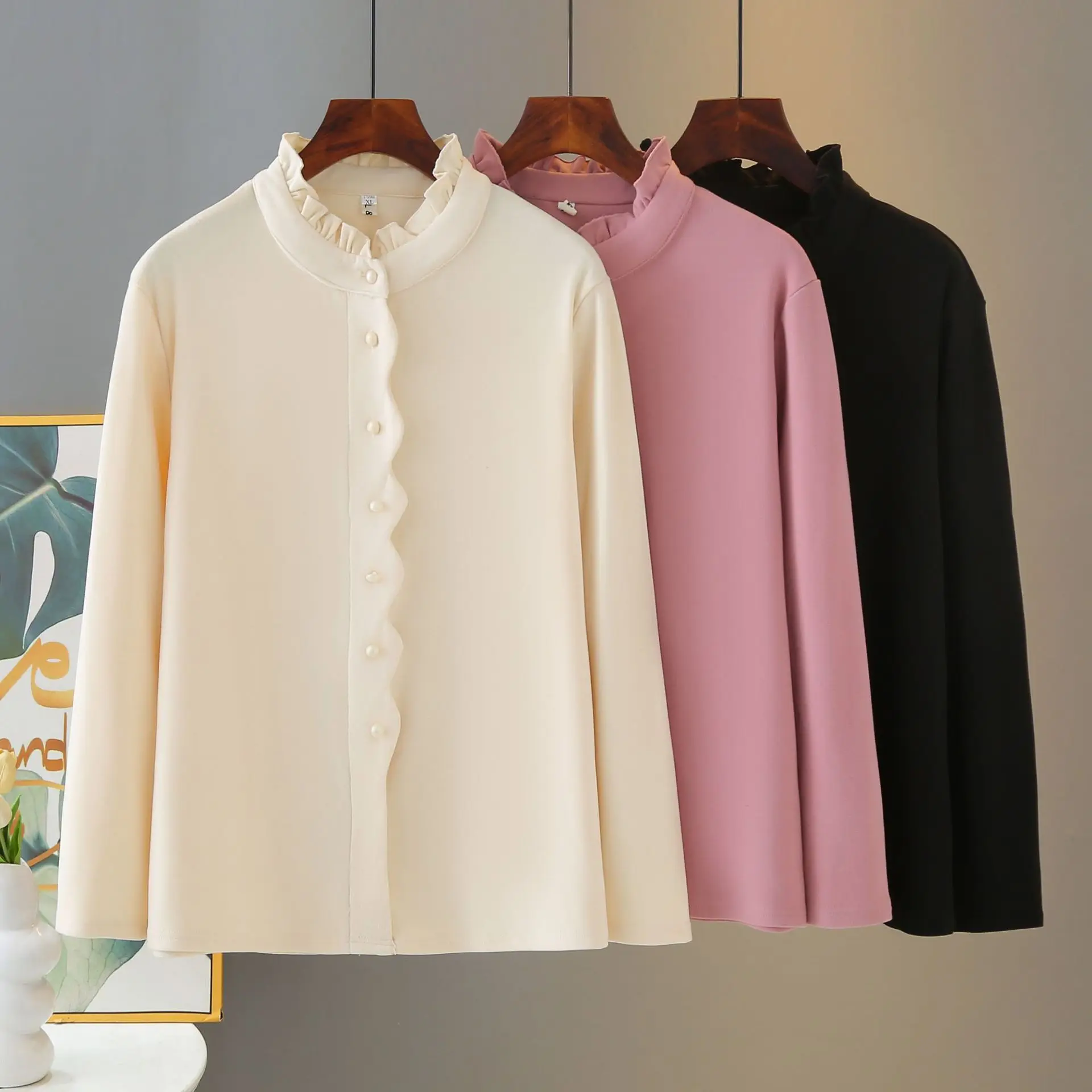 XXXXL Fashion Plus Size Women's T-Shirt DE Velvet Warm New Autumn And Winter Style Ruffled Collar Long Sleeved Inside Tops 2557