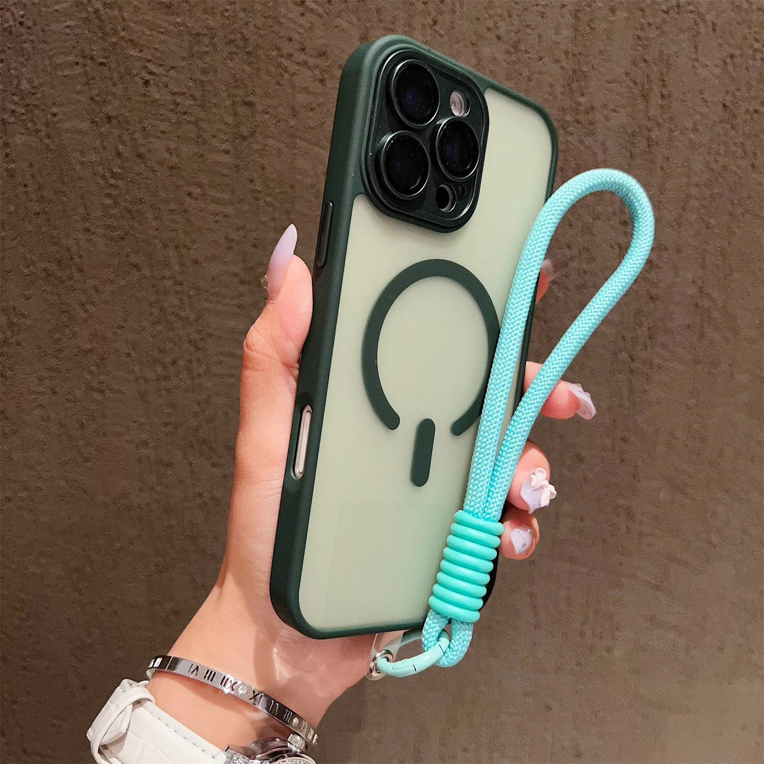 Magnetic Lanyard Wrist Strap Case with Shockproof Matte Bumper Cover and Clear Magsafe Design