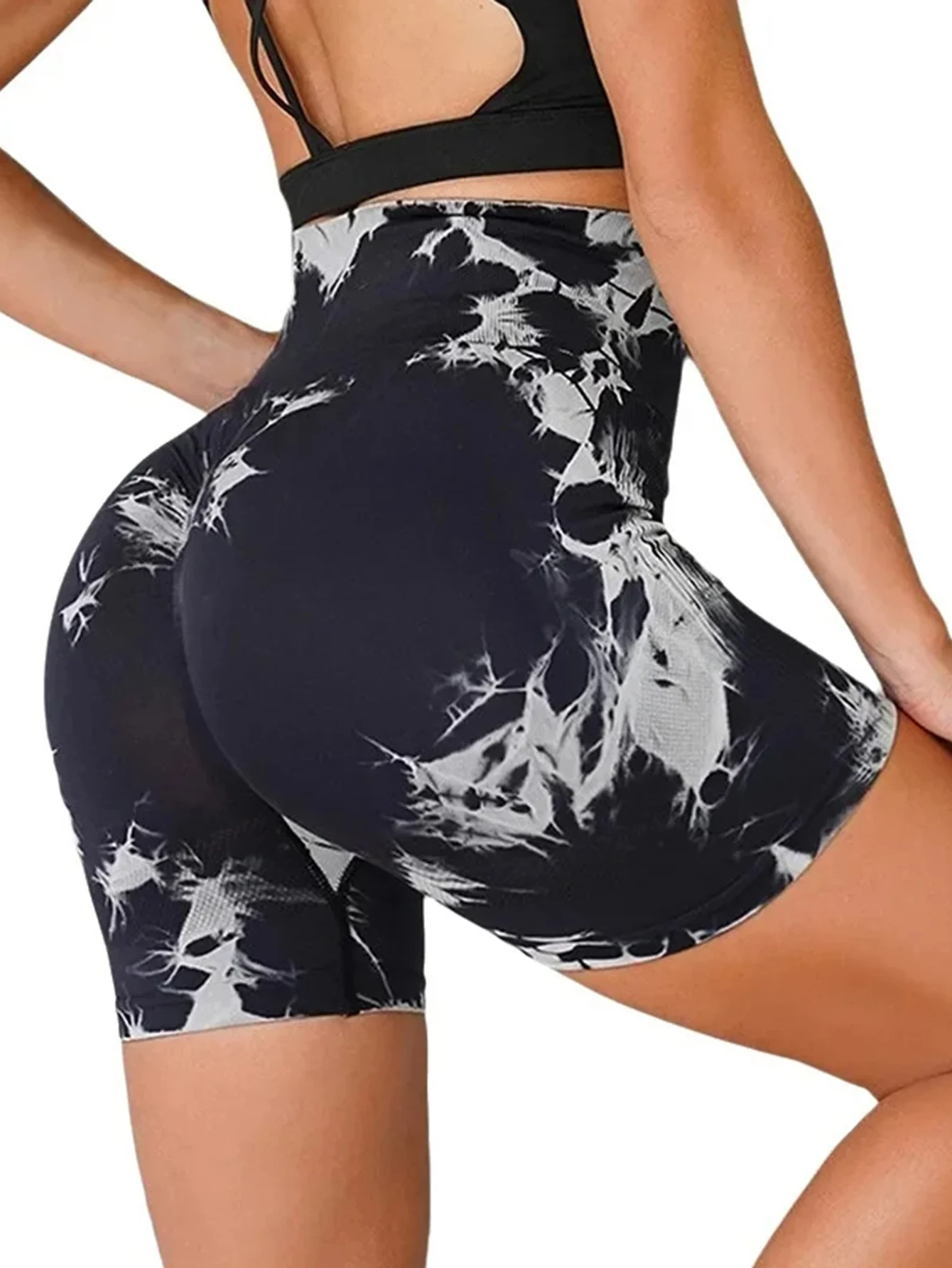 Seamless Tie-Dye Yoga Set – Push-Up Sports Bra & High-Waist Shorts