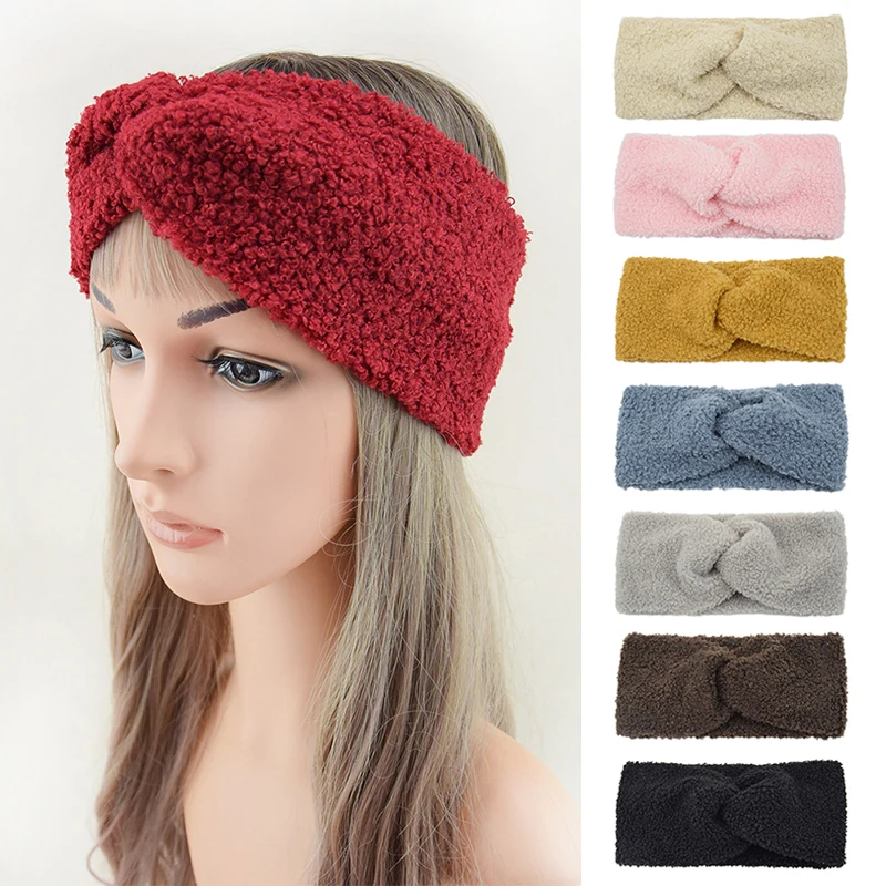 Hair Accessories Lamb Wool Knitted Hairbands Cashmere Cross Headbands Handmade Knot Fluffy Ear Warmer Turban DIY Solid Color