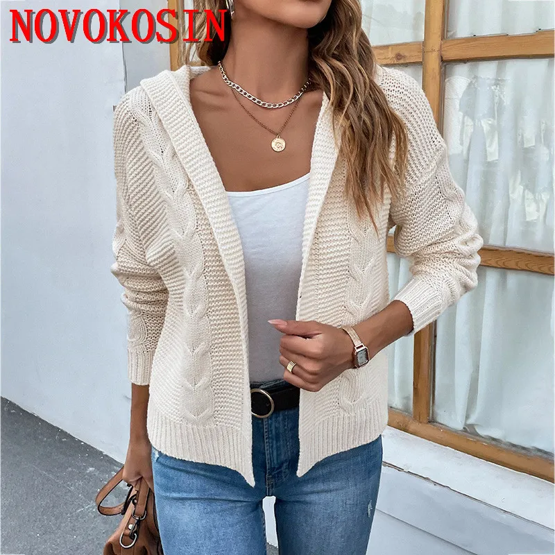 

Women Autumn Knitted Twists Outstreet Short Coat Oversize Loose Knitwear With Hooded Long Sleeves Cardigan Vintage Sweater
