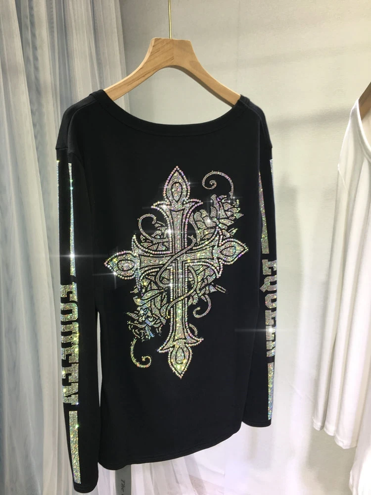 

Luxury High Quality Hot Drilling Women Bottoming Shirts Plus Size Skinny Long Sleeve O-neck T-shirt Diamonds Cotton Pullover Top