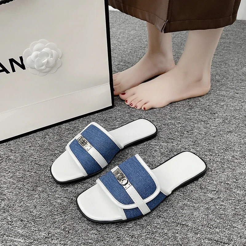 여성용 금속 버클 데님 샌들, 비치 플랫 슬리퍼, 여름 슬리퍼