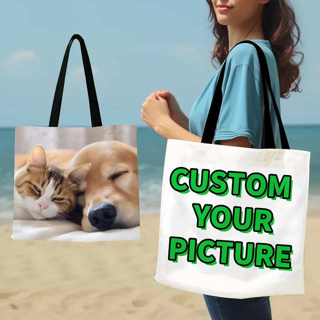 Custom Photo Tote Bag Personalized Reusable Grocery Shopping Shoulder Bag with Foldable Design Polyester Storage Pouch