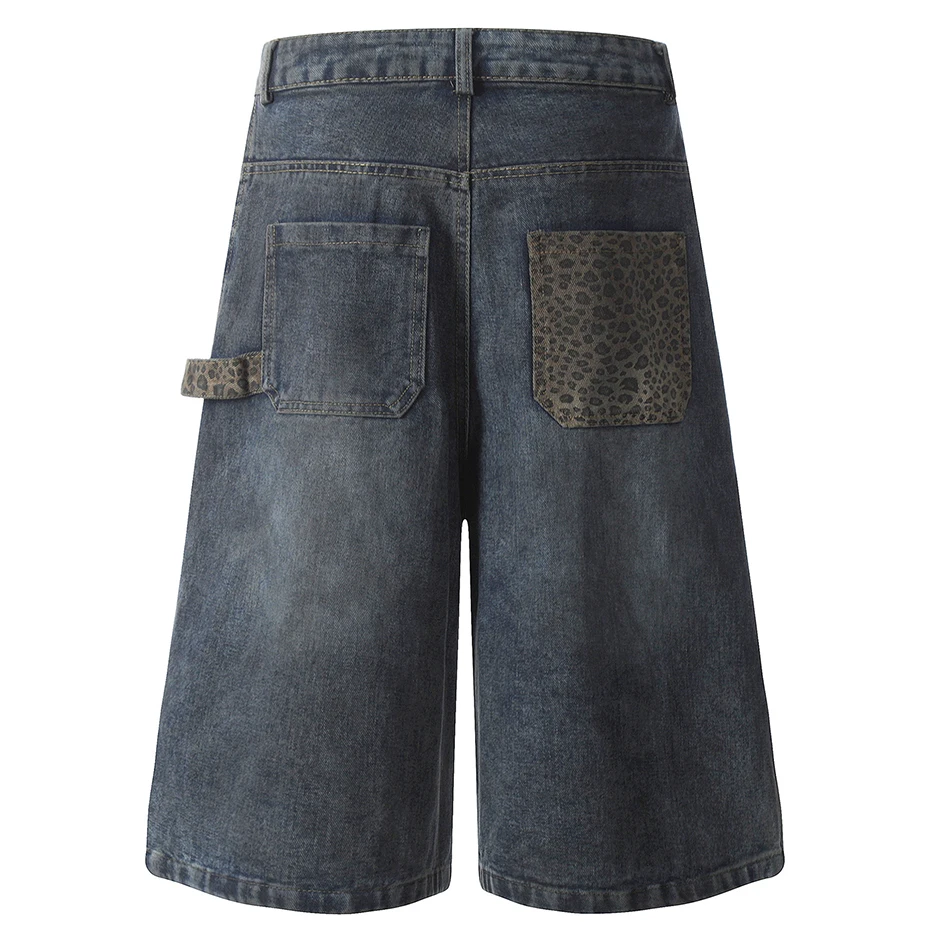 Leopard Patchwork Denim Shorts Summer Loose Casual Blue Jeans Shorts Streetwear Harajuku Hip Hop