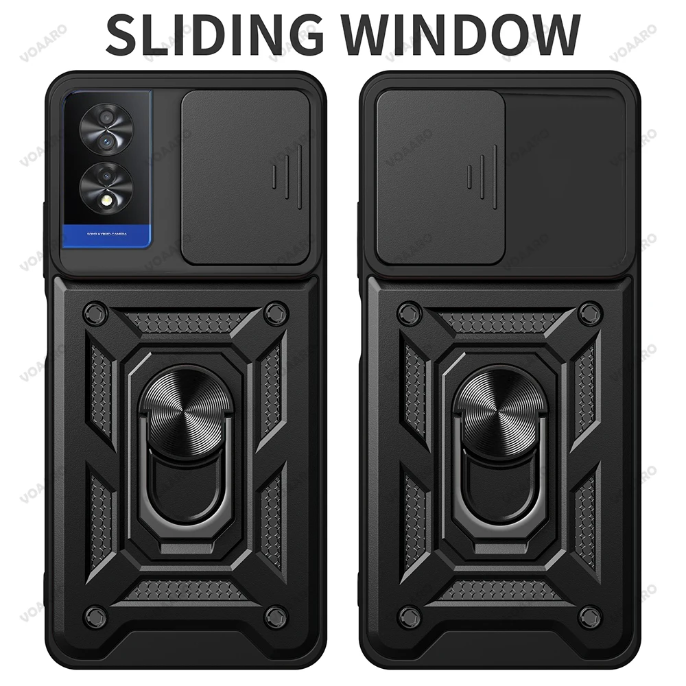 Enhanced Shockproof Slide Lens Armor Case with Magnetic Ring Stand Holder and Camera Protection