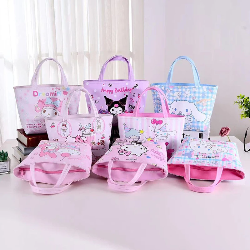 

Kawaii Sanrio Anime Hello Kitty Kuromi Cinnamoroll My Melody Cartoon Portable Pu Handbag Large Capacity Lunch Box Insulation Bag