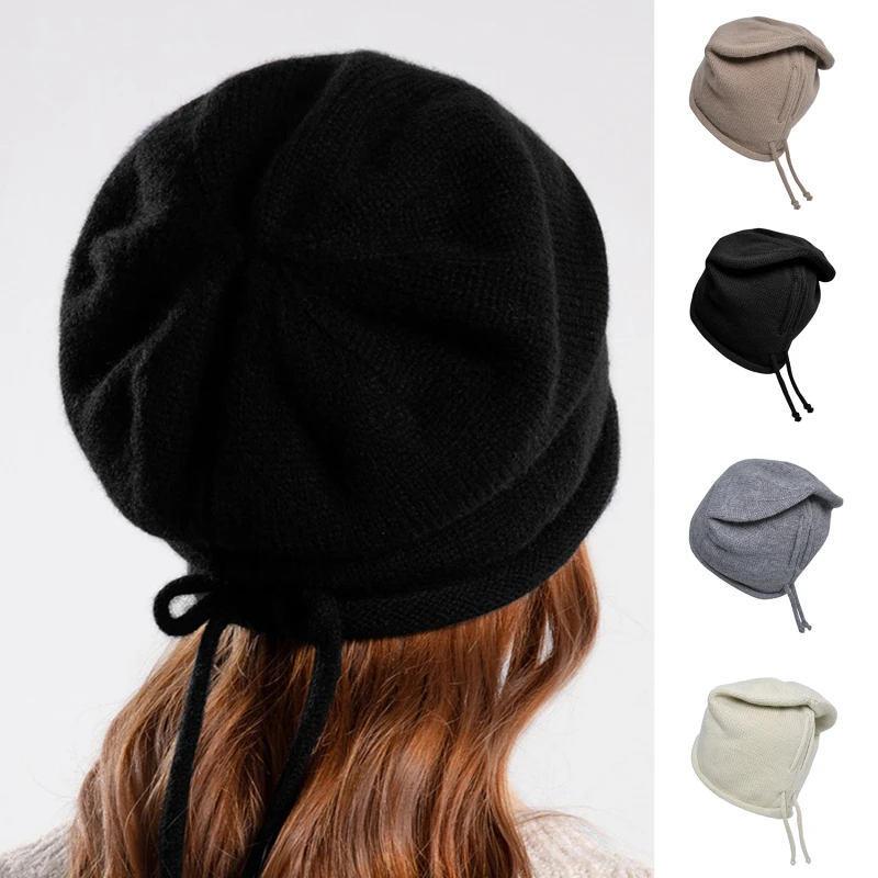 

Spring Autumn Thin Knitted Stacked Hat Warm Hood Female Cold Cap Drawstring Big Head Circumference Moon Hat