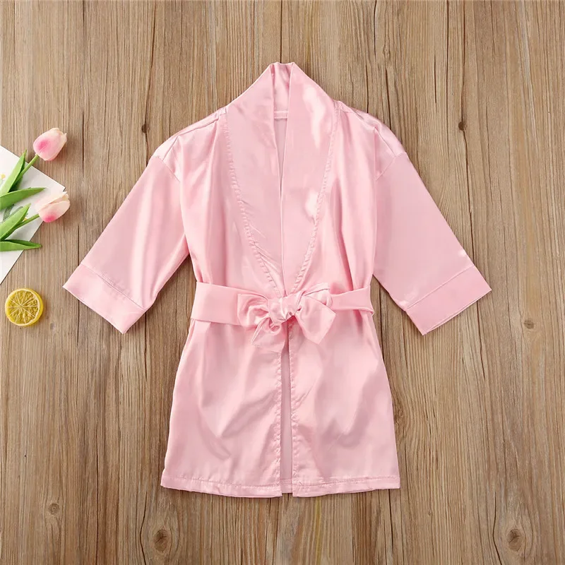 1-5years Infant Girl Solid Color Pajamas Silk Satin Gown Sleepwear Plain Kimono Robes Toddler Kids Girls Nightwear