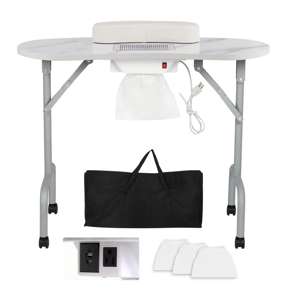 

AGESISI Portable Manicure Table Foldable Nail Desk with Charging Station & Dust Collector Professional Nail Tech Table for Techn