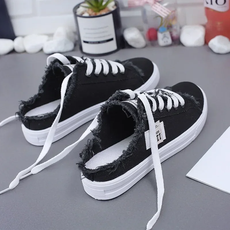 2024 New Spring Summer Women Canvas Shoes flat sneakers women casual shoes low upper lace up white shoes