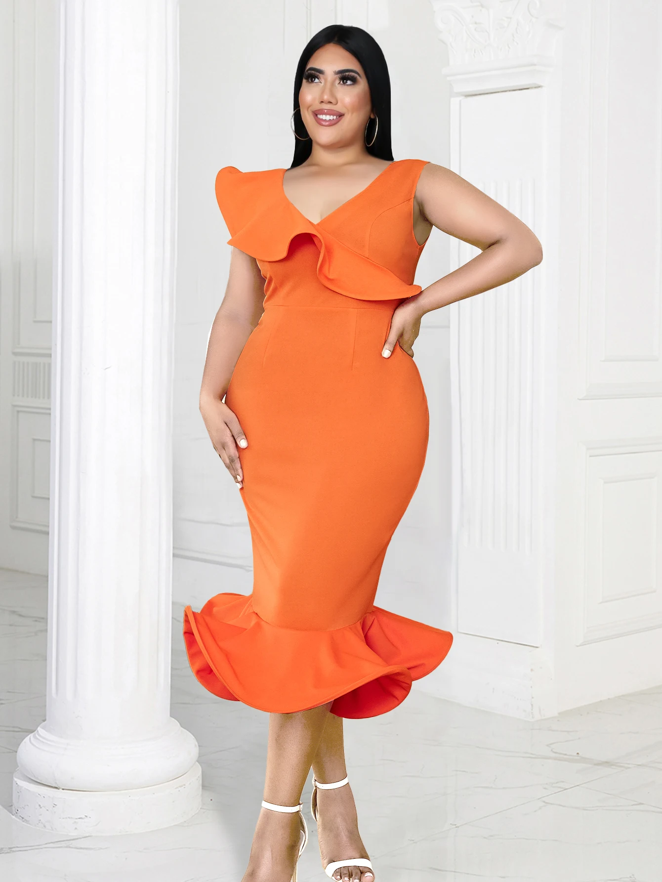 Orange Sheath Dresses for Women V Neck Sleeveless Ruffles Trumpet Mid-calf Bodycon Celebrate Classy Evening Party Plus Size Gown